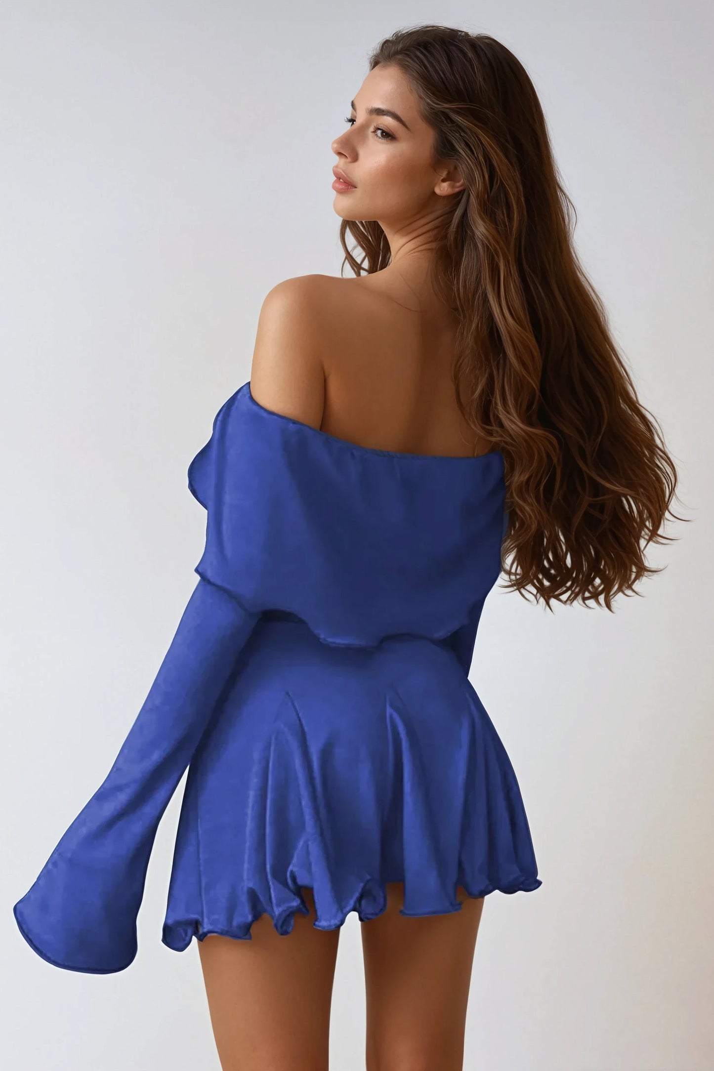 Off-Shoulder Flared Mini Dress with Long Sleeves - Blue