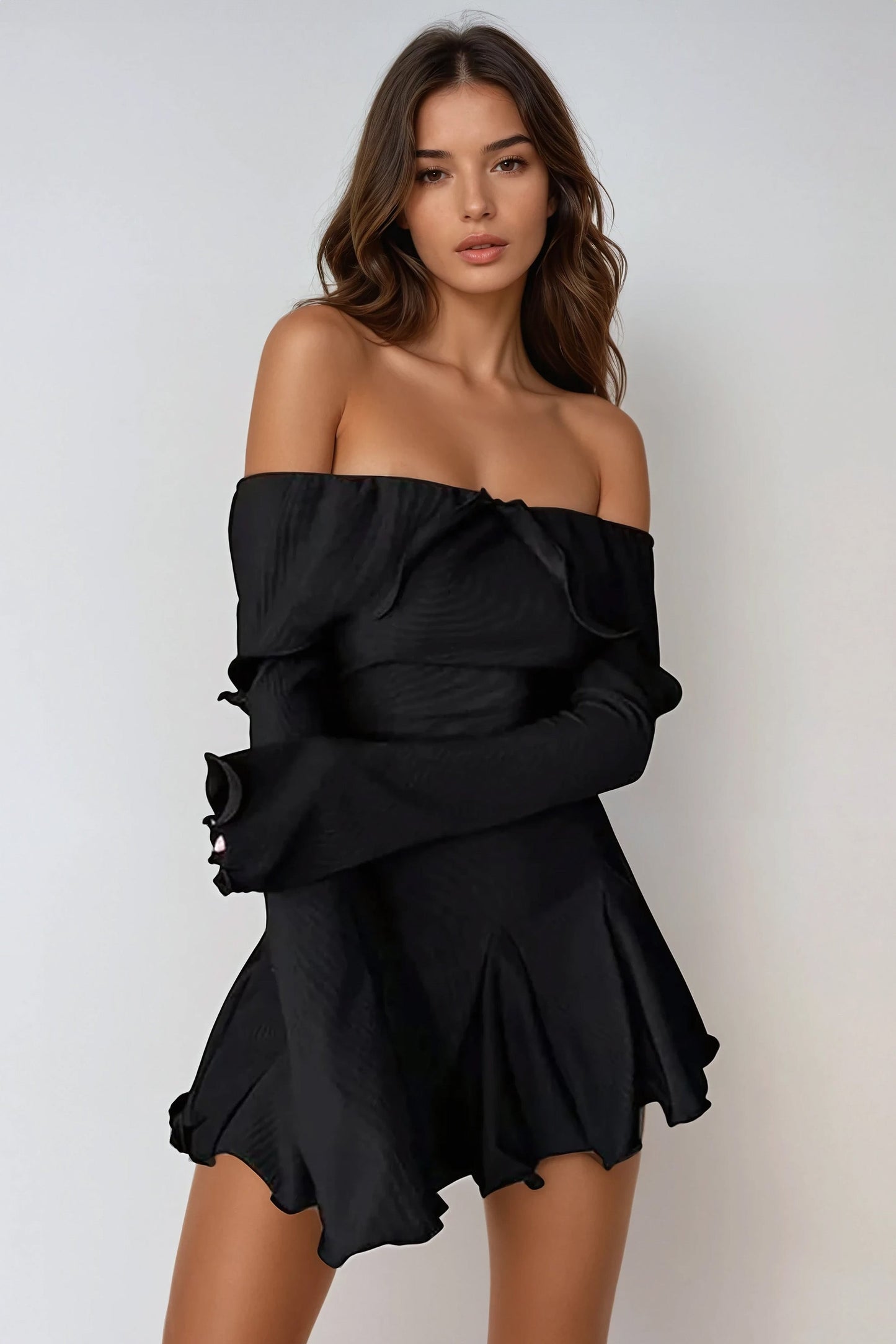 Off-Shoulder Flared Mini Dress with Long Sleeves - Black