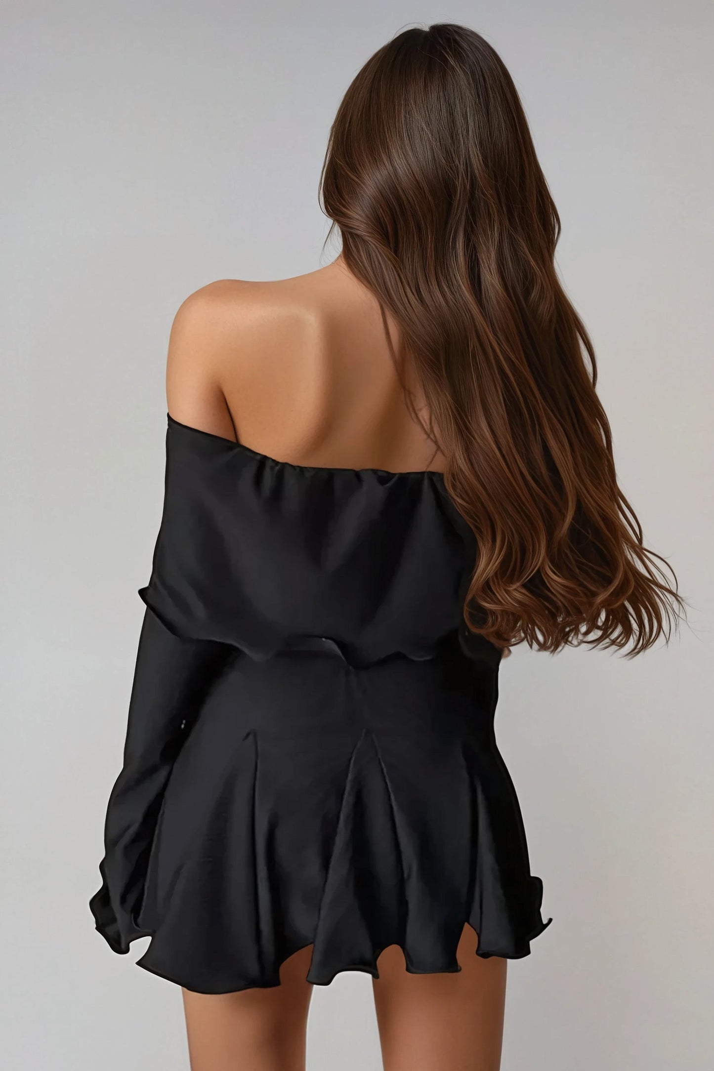 Off-Shoulder Flared Mini Dress with Long Sleeves - Black