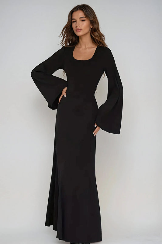 Ribbed Knit Maxi Dress with Lace-Up Back and Flared Sleeves - Black