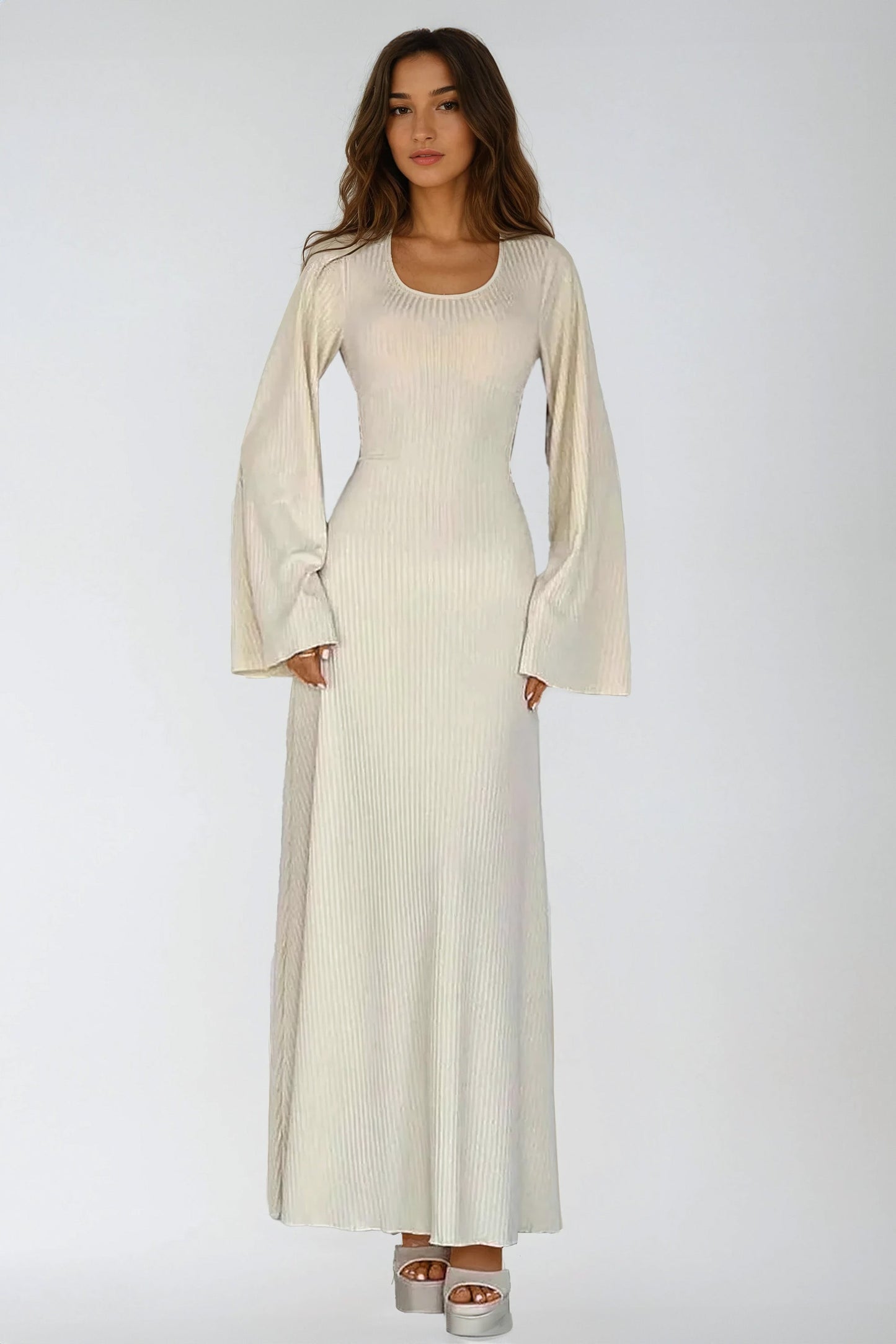 Ribbed Knit Maxi Dress with Lace-Up Back and Flared Sleeves - Ivory