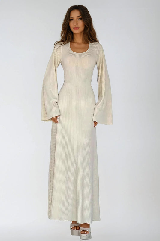 Ribbed Knit Maxi Dress with Lace-Up Back and Flared Sleeves - Ivory