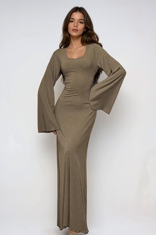 Ribbed Knit Maxi Dress with Lace-Up Back and Flared Sleeves - Light Brown