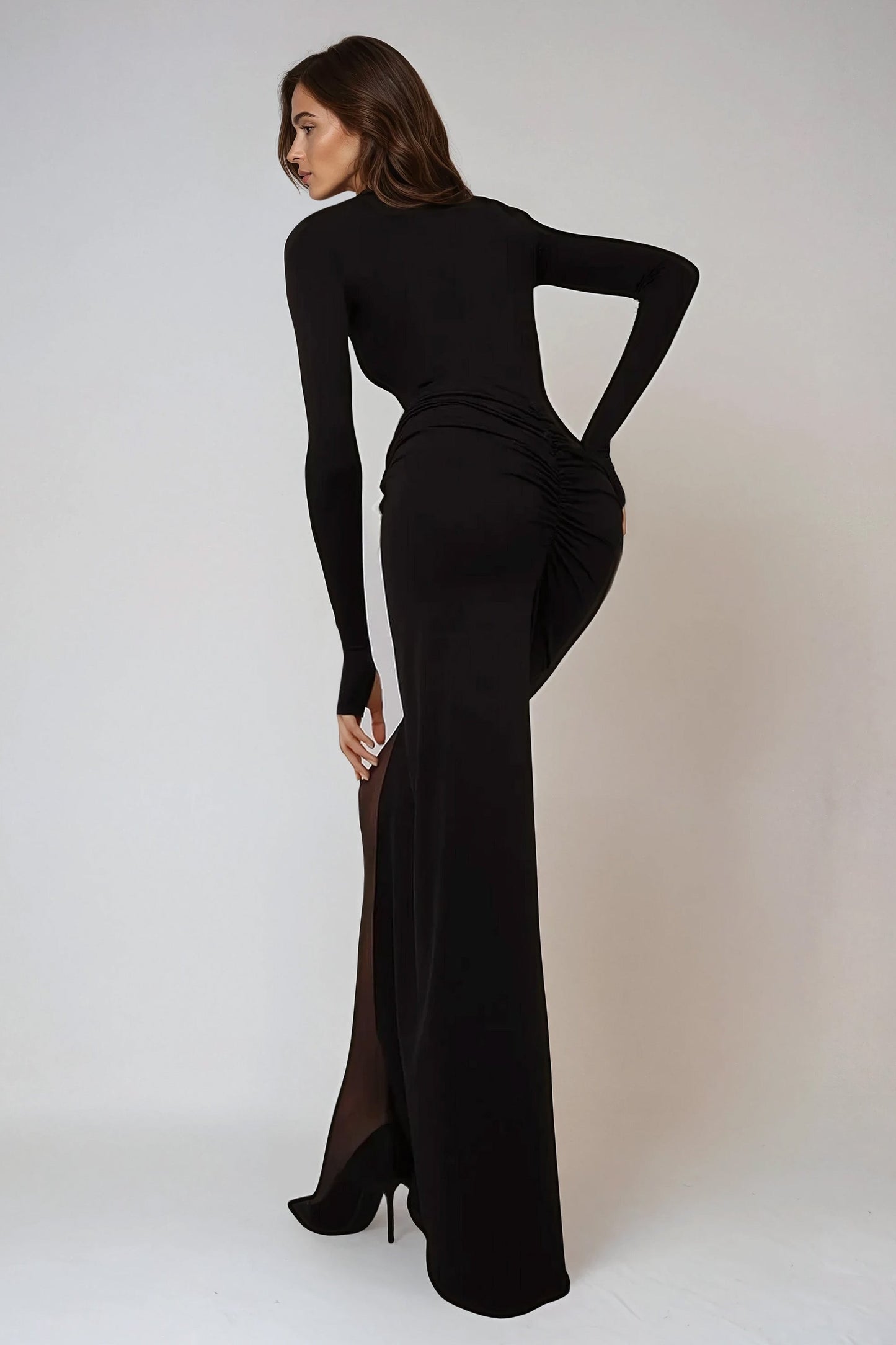 Two-Piece Set with Long Sleeve Ruched Bodysuit and Maxi Skirt with Front Slit - Black