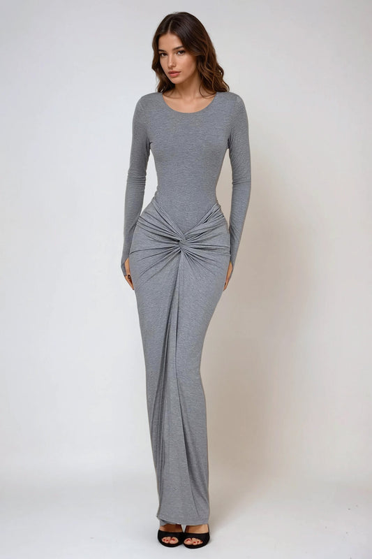 Two-Piece Set with Long Sleeve Ruched Bodysuit and Maxi Skirt with Front Slit - Gray