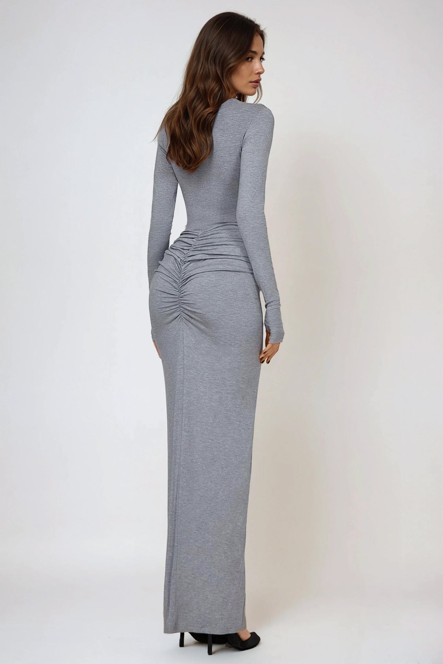 Two-Piece Set with Long Sleeve Ruched Bodysuit and Maxi Skirt with Front Slit - Gray