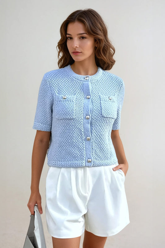 Short-Sleeve Button-Up Knitted Cardigan with Patch Pockets - Blue