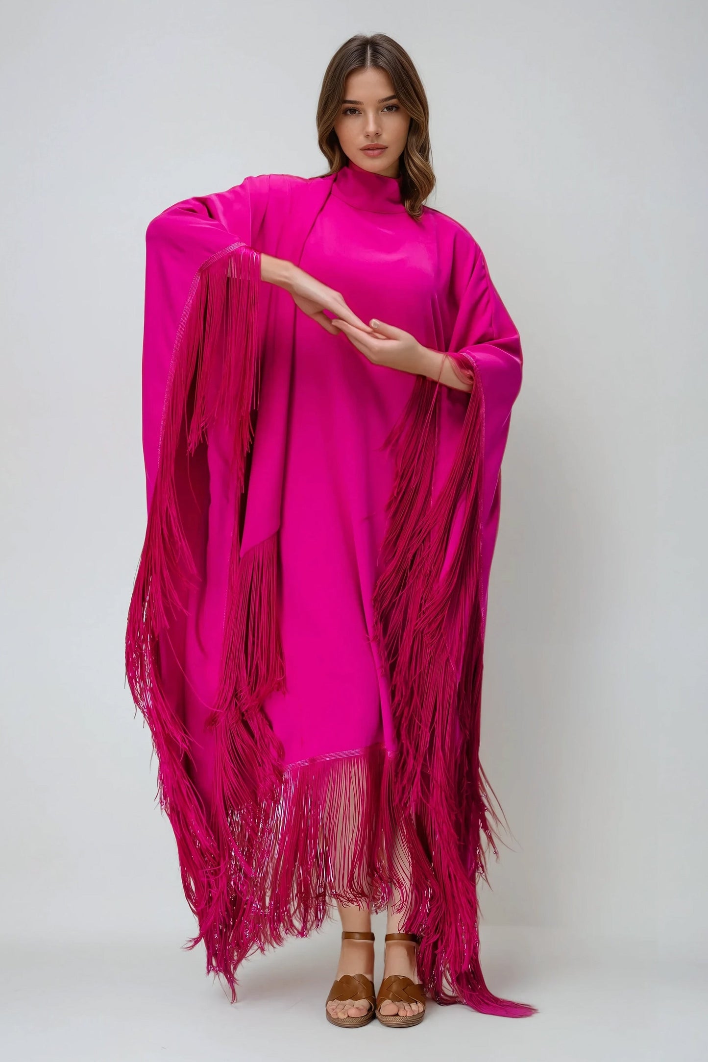 High-Neck Fringe-Trim Cape Dress - Pink