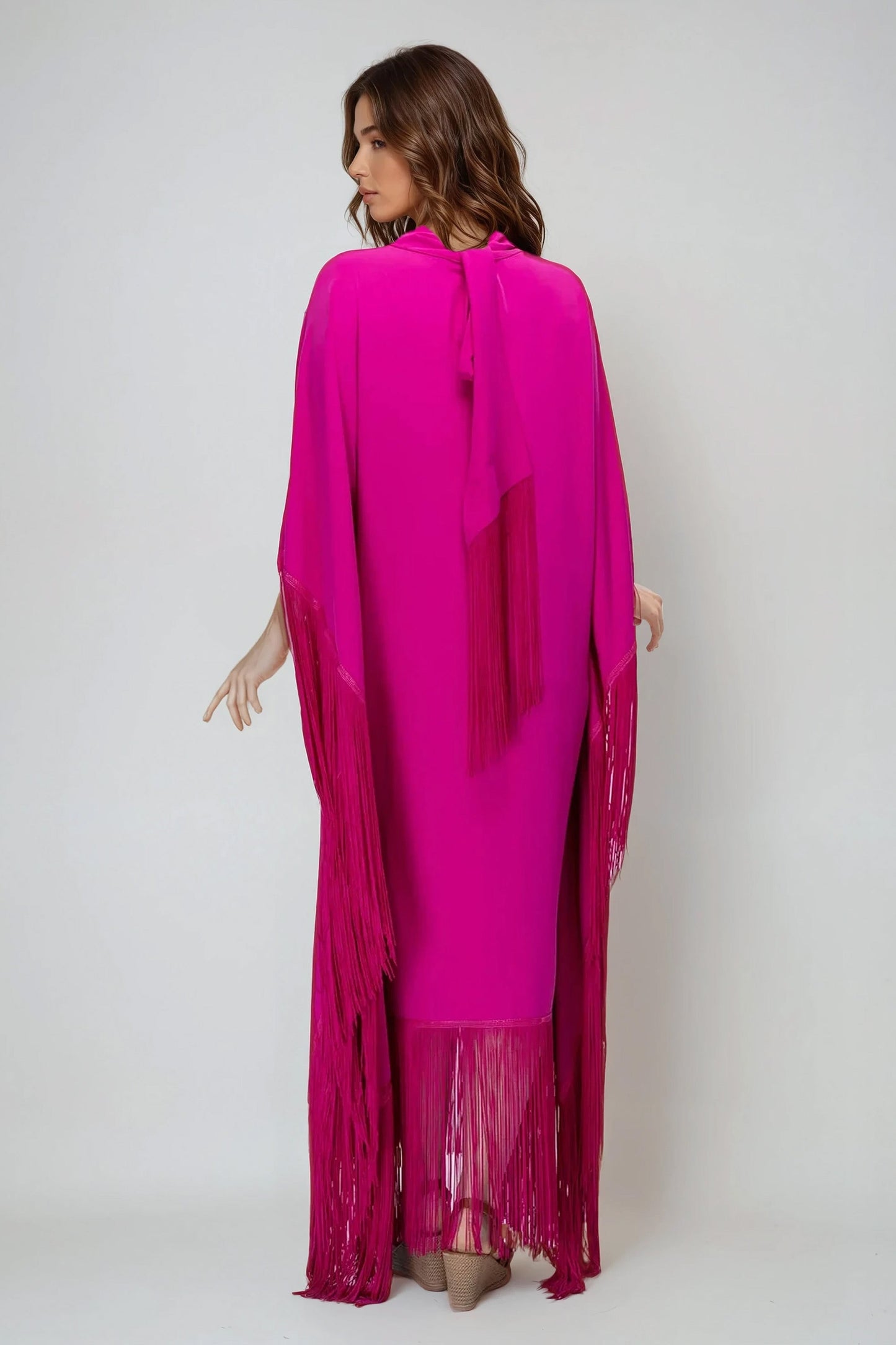 High-Neck Fringe-Trim Cape Dress - Pink