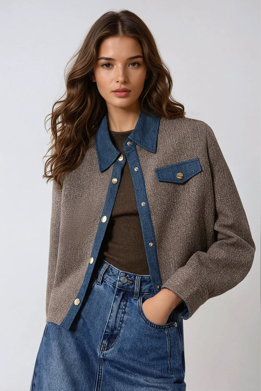 Elegant Denim Accent Button-Up Jacket - Brown