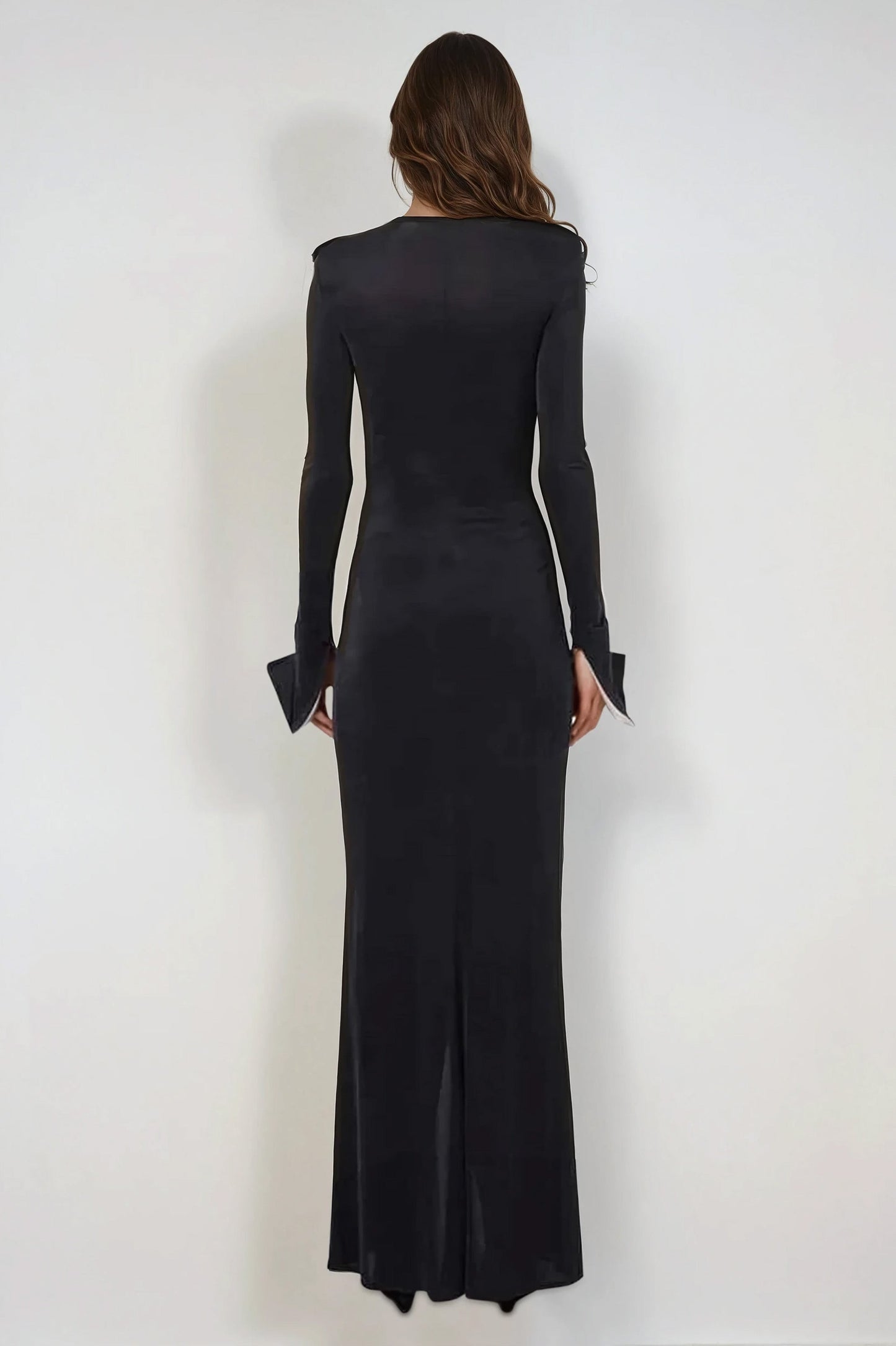 Long Sleeve Plunging V-Neck Maxi Dress with Contrast Bow Detail - Black