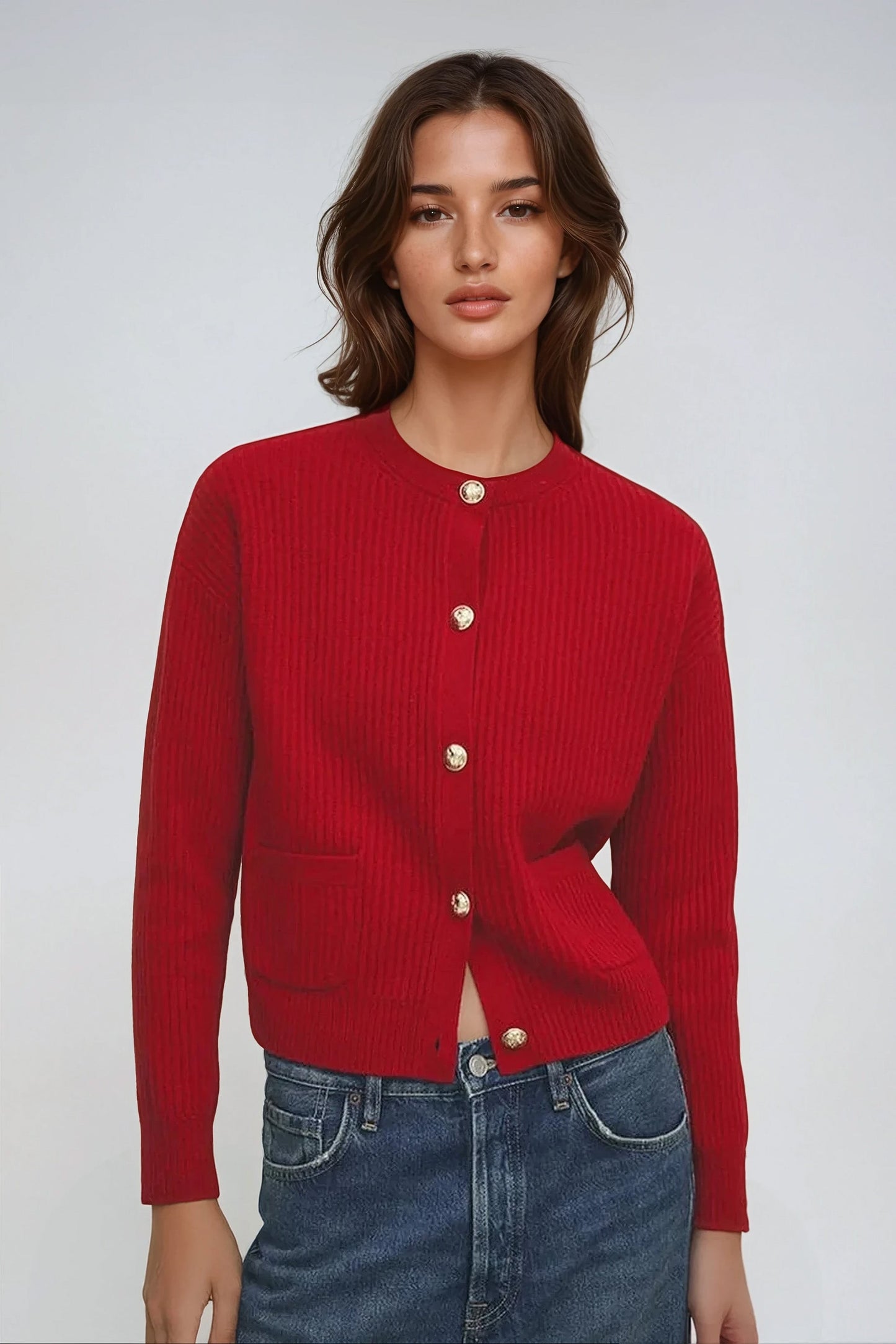 Knitted Cardigan with Gold-Tone Button - Red