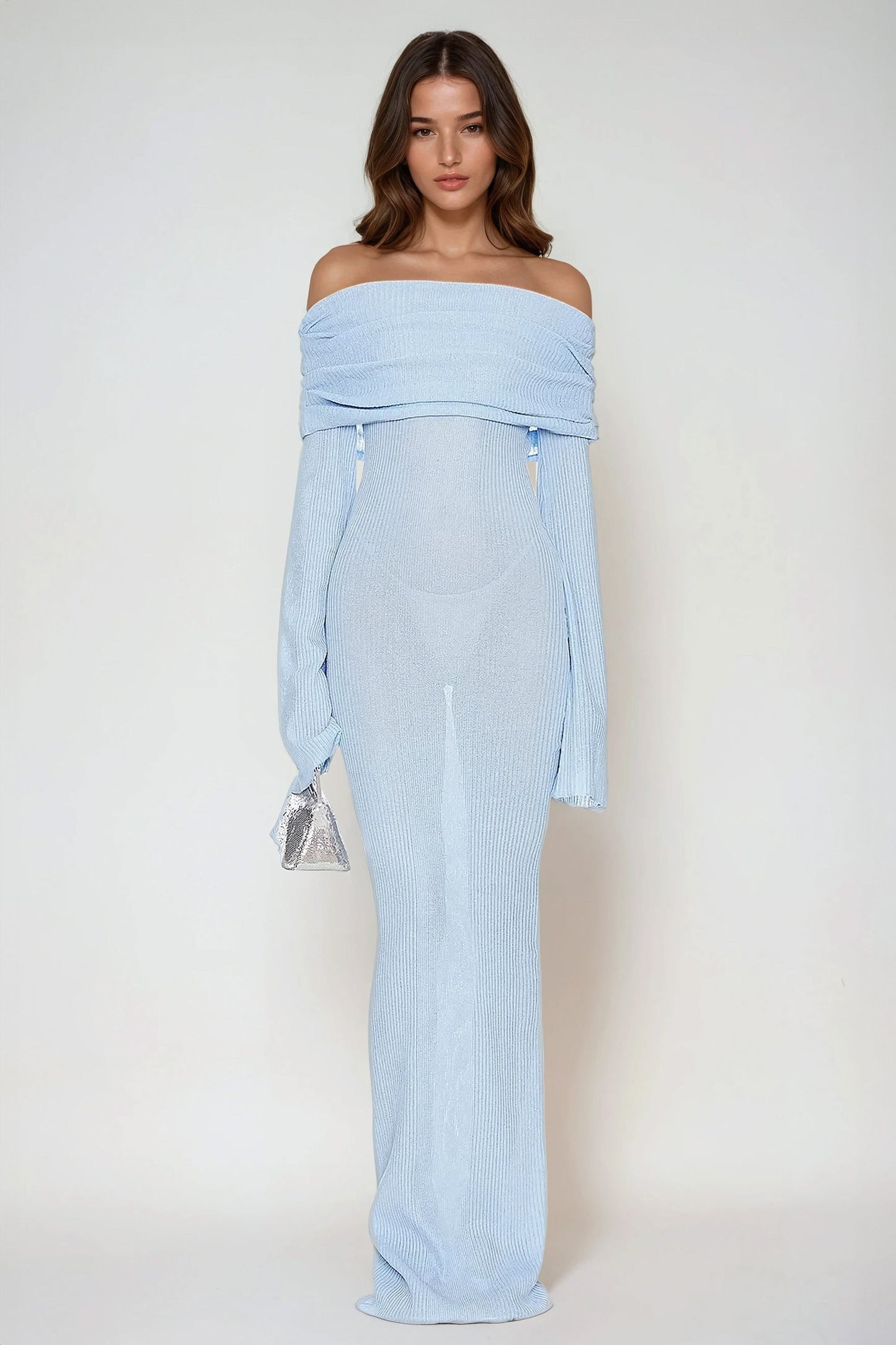 Off-Shoulder Ribbed Knit Maxi Dress with Flared Sleeves - Blue