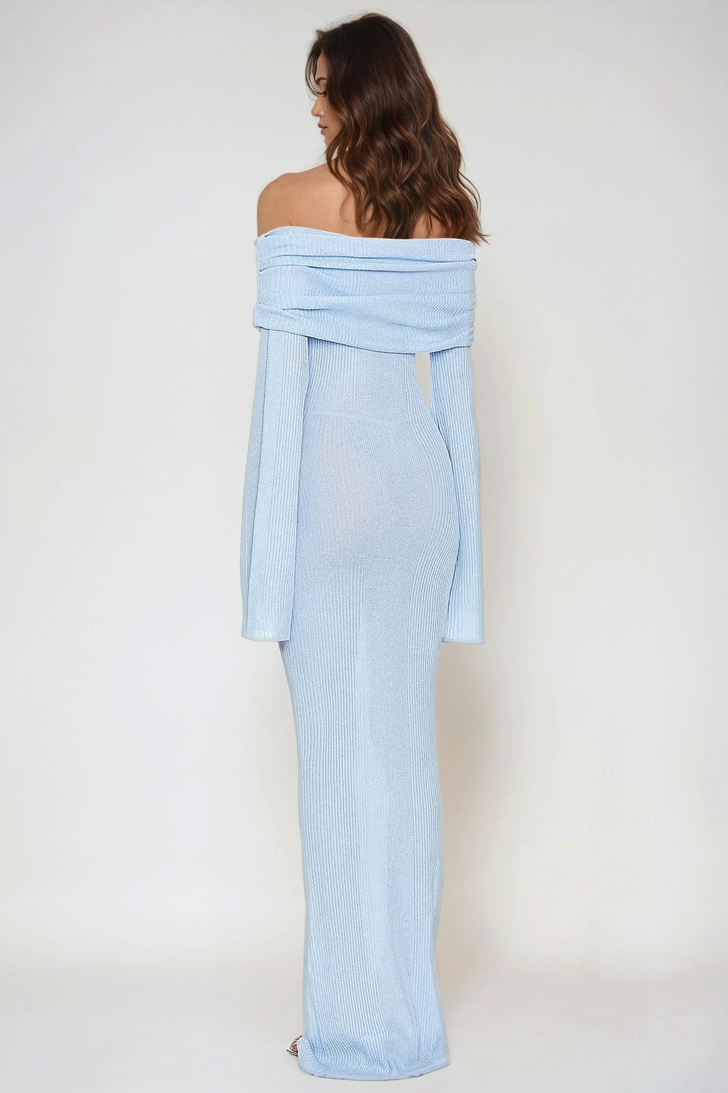 Off-Shoulder Ribbed Knit Maxi Dress with Flared Sleeves - Blue