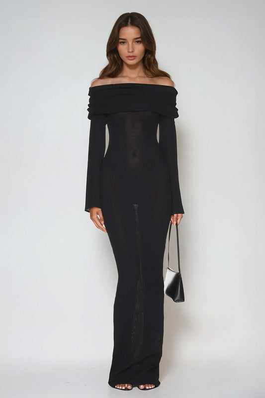 Off-Shoulder Ribbed Knit Maxi Dress with Flared Sleeves - Black