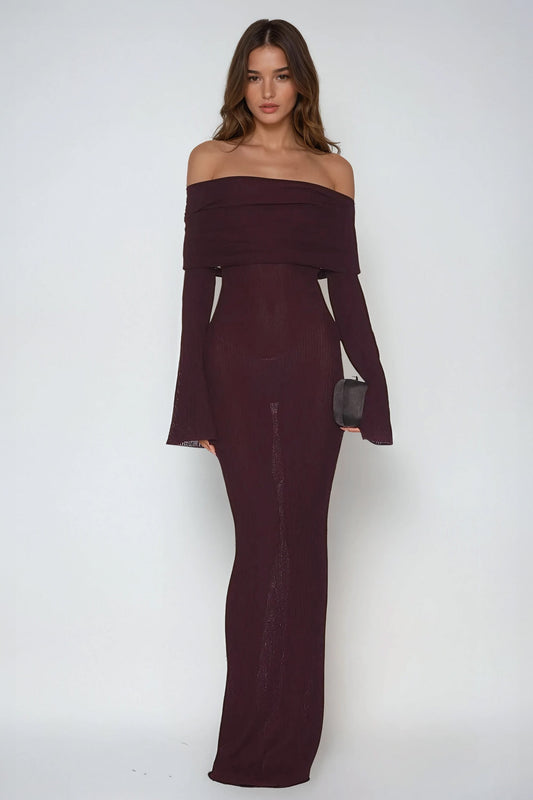 Off-Shoulder Ribbed Knit Maxi Dress with Flared Sleeves - Burgundy