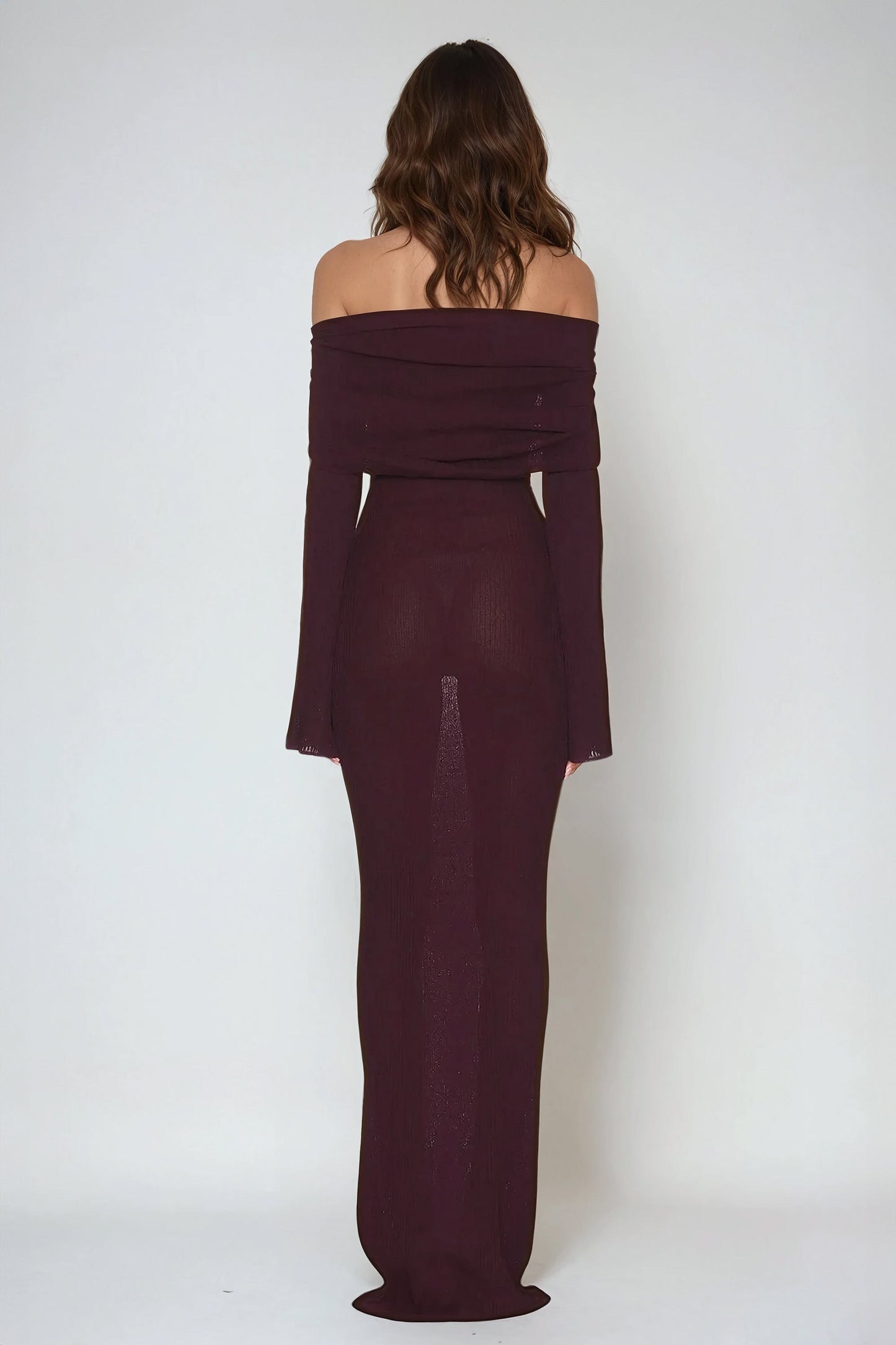 Off-Shoulder Ribbed Knit Maxi Dress with Flared Sleeves - Burgundy