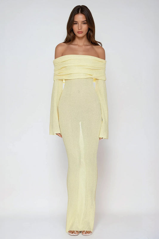 Off-Shoulder Ribbed Knit Maxi Dress with Flared Sleeves - Yellow