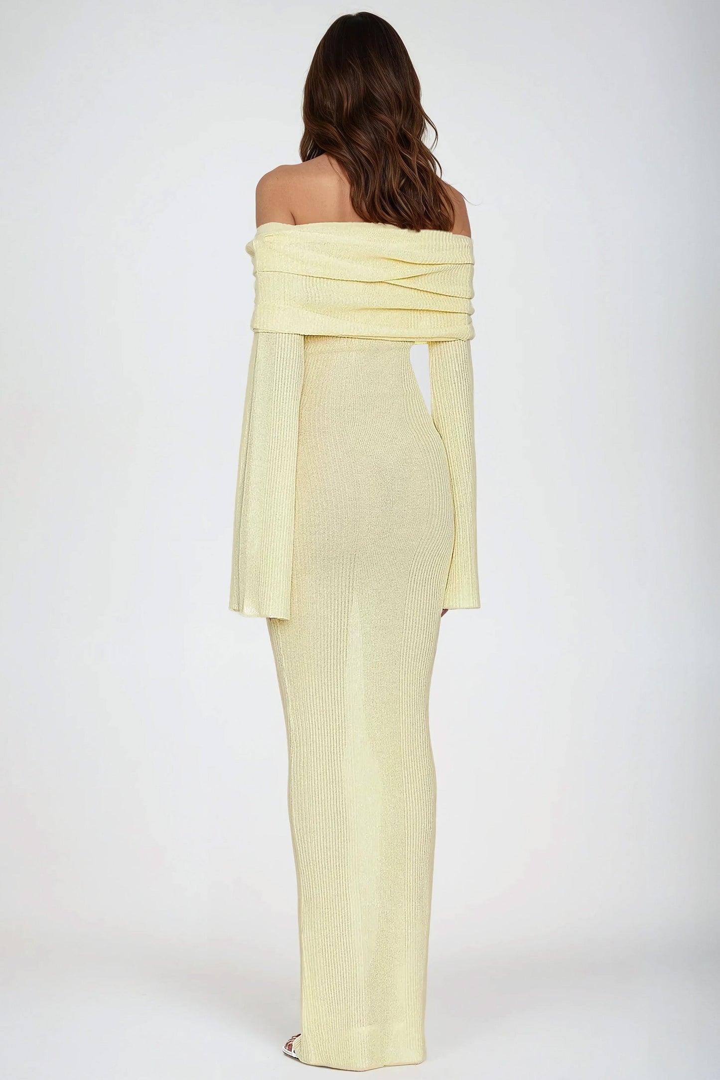 Off-Shoulder Ribbed Knit Maxi Dress with Flared Sleeves - Yellow