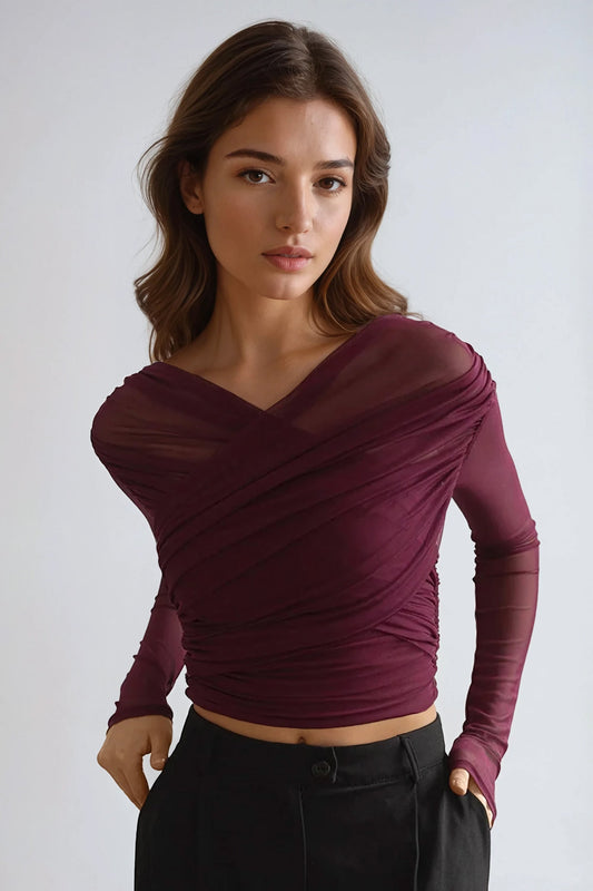 Long-Sleeve Top with Ruched Crossover Design - Red