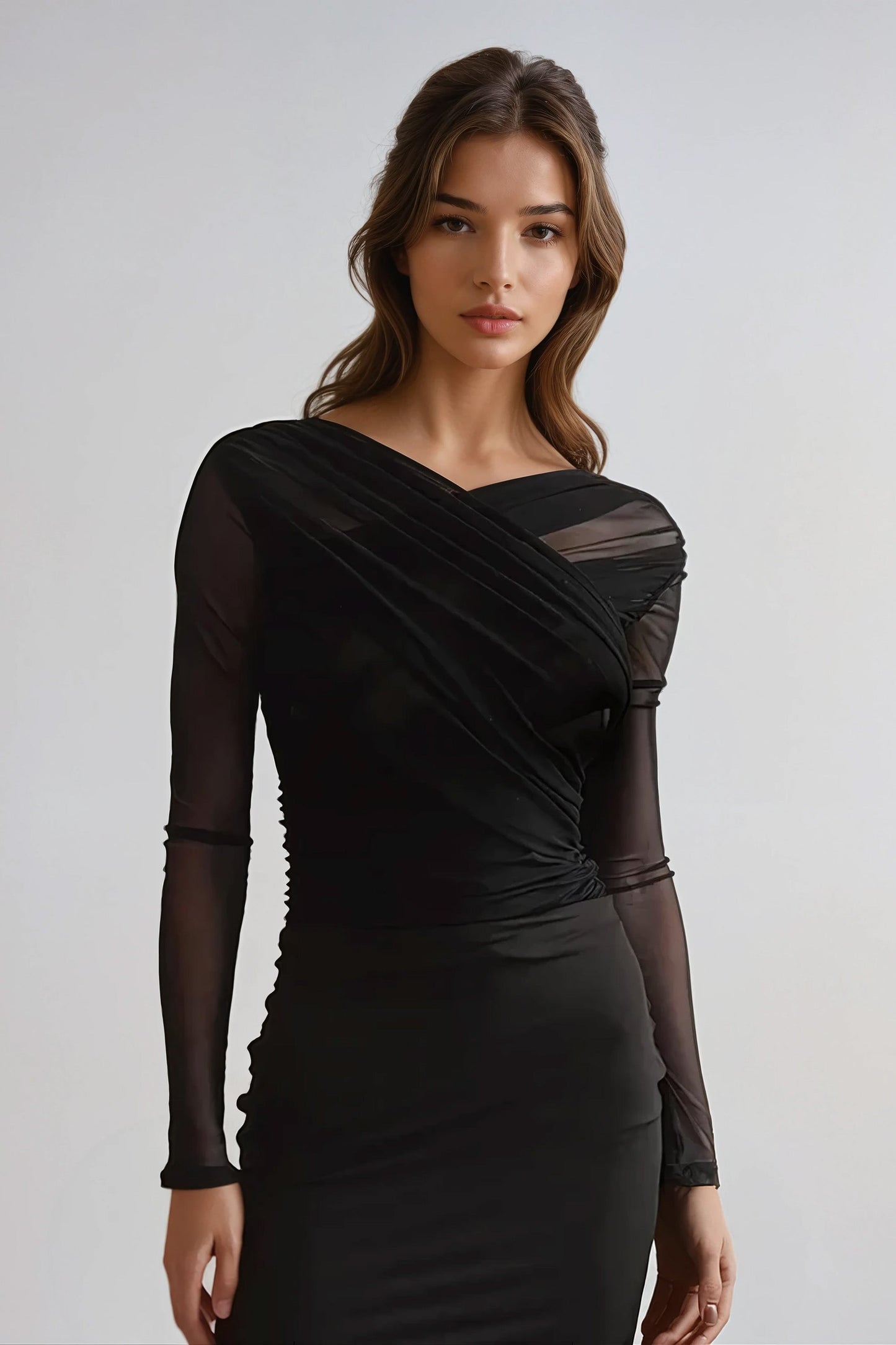 Long-Sleeve Top with Ruched Crossover Design - Black