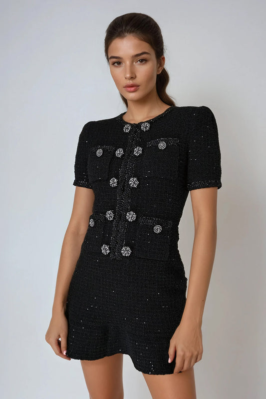 Mini Dress with Structured Design and Decorative Buttons - Black