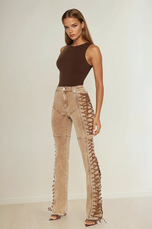 High-Waist Lace-Up Flared Jeans - Khaki