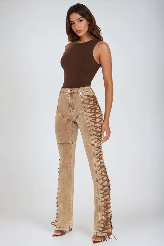 High-Waist Lace-Up Flared Jeans - Khaki