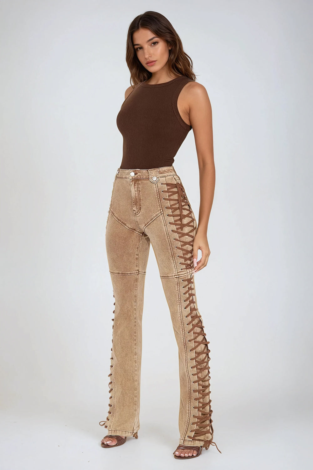 Lace-Up Detail High-Waisted Denim Jeans - Brown