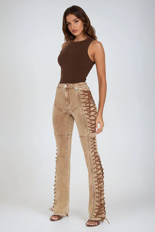 Lace-Up Detail High-Waisted Denim Jeans - Brown