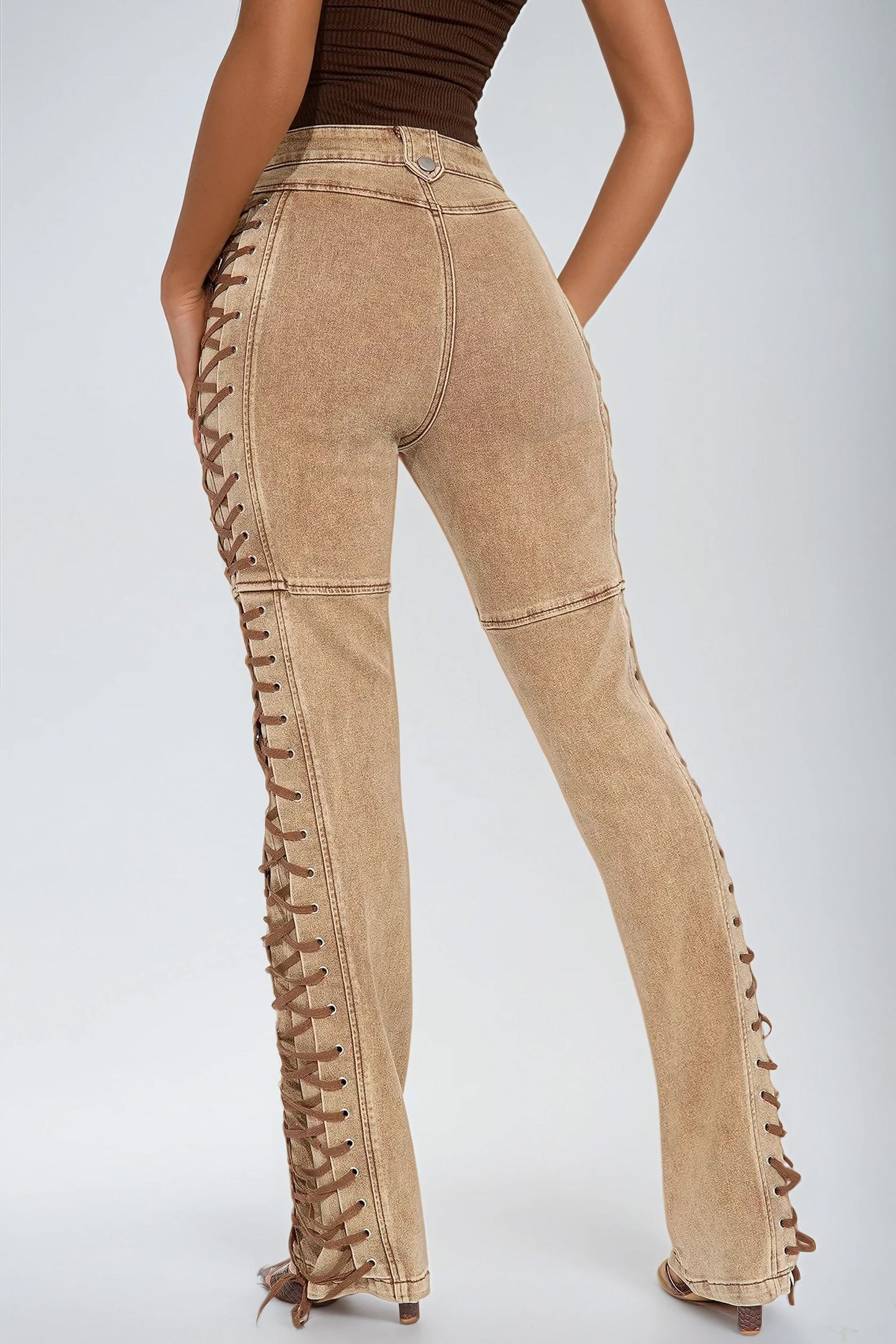 High-Waist Lace-Up Flared Jeans - Khaki