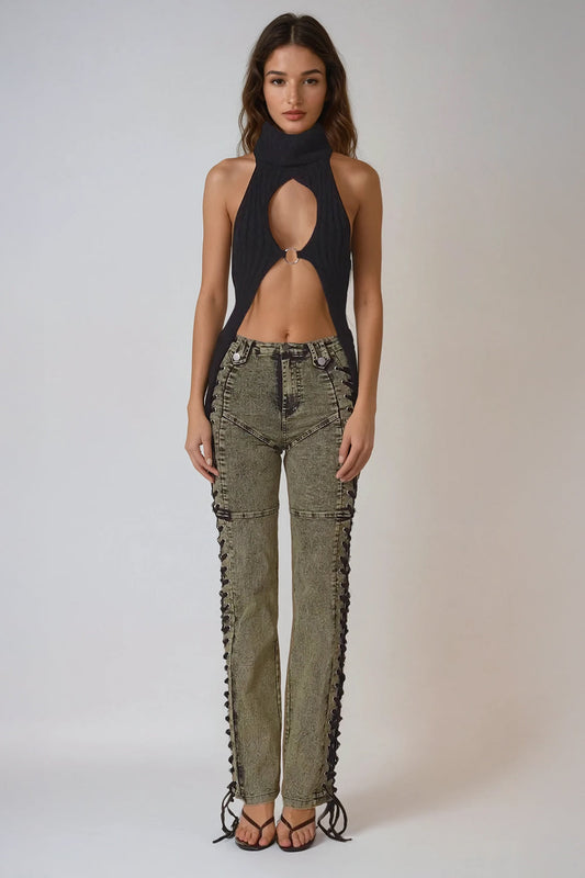Lace-Up Detail High-Waisted Denim Jeans - Green