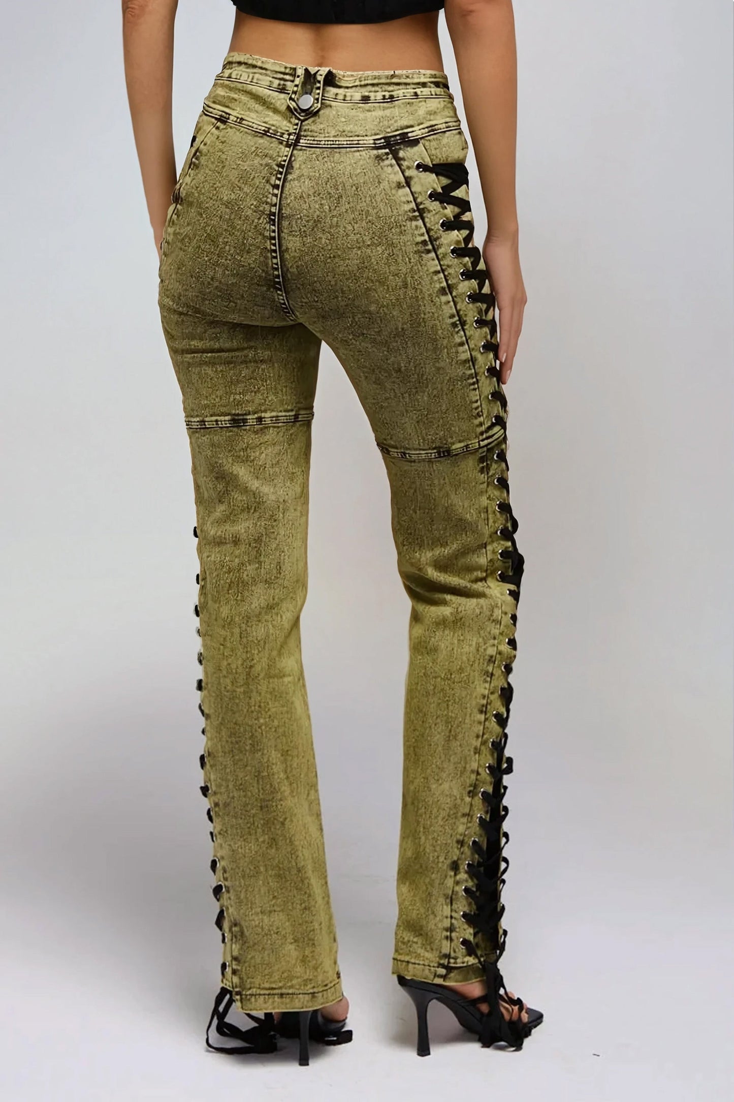 High-Waist Lace-Up Flared Jeans - Green