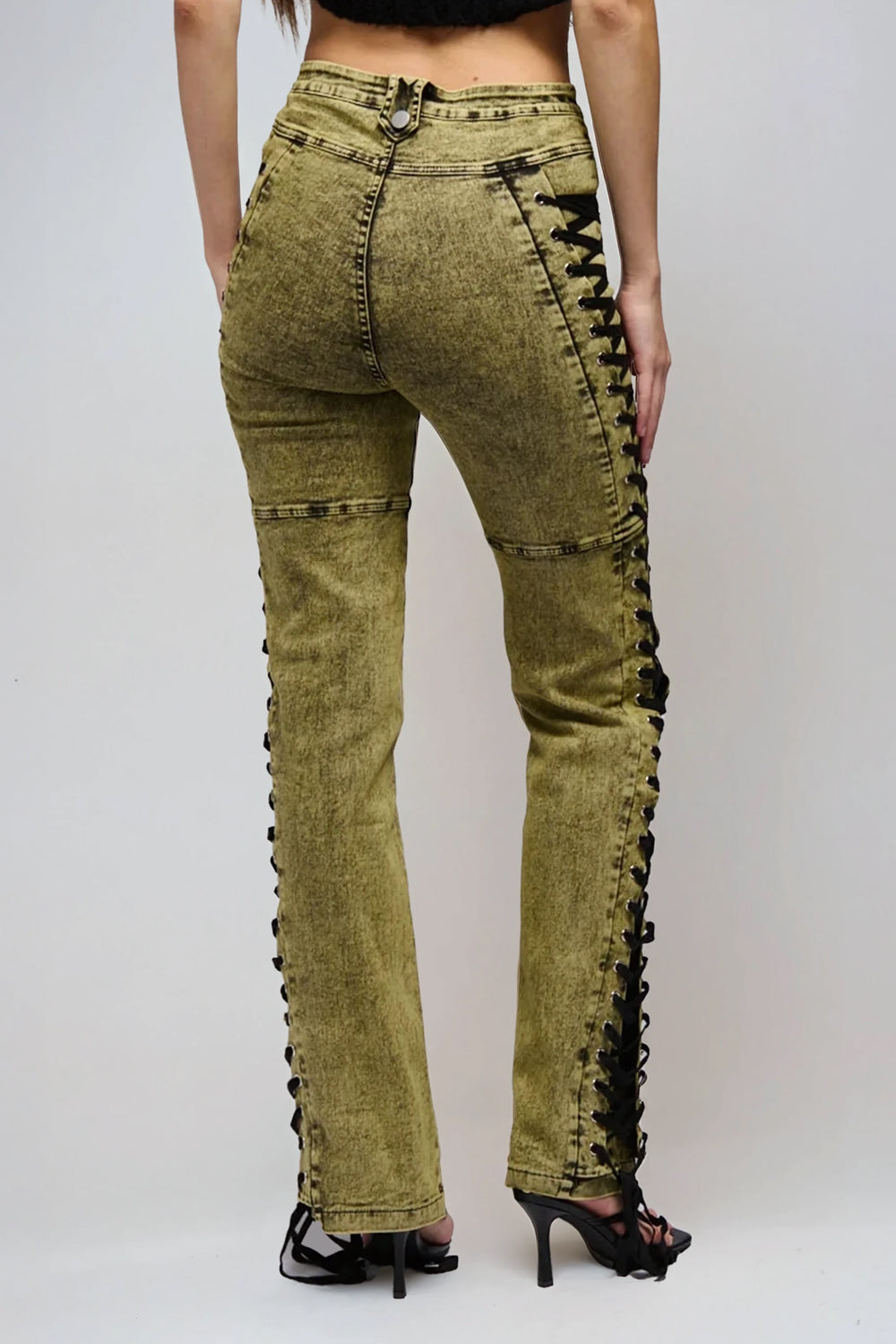Lace-Up Detail High-Waisted Denim Jeans - Green