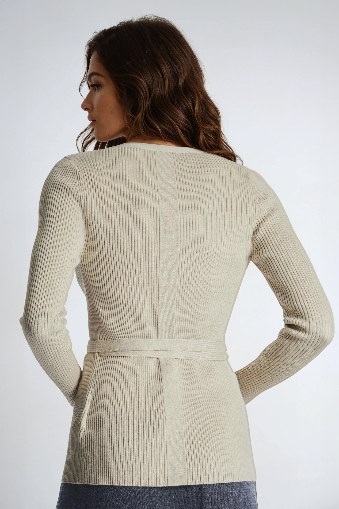 Knitted Wrap Cardigan with Tie Waist Accent - Beige