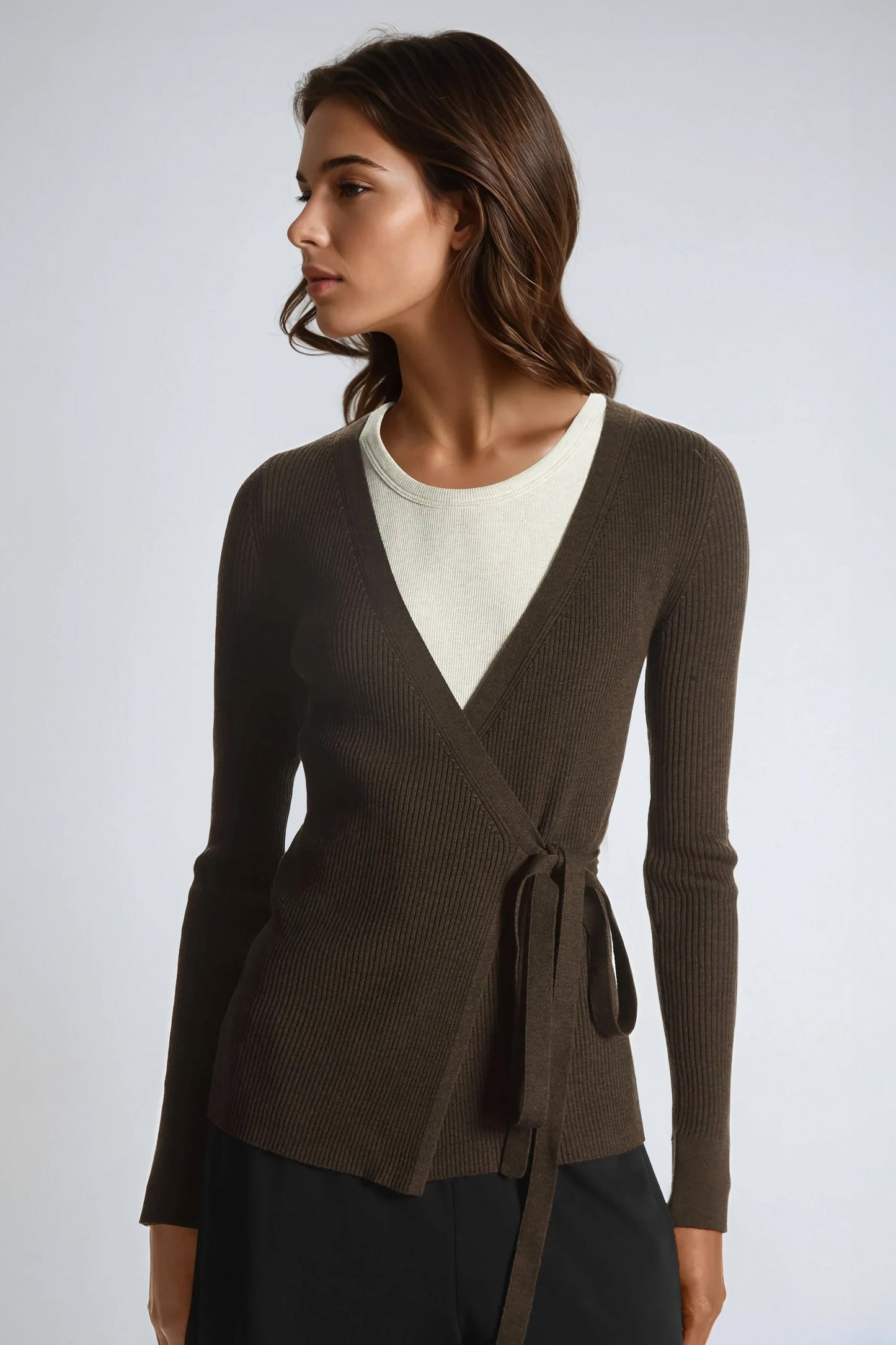 Knitted Wrap Cardigan with Tie Waist Accent - Dark Brown