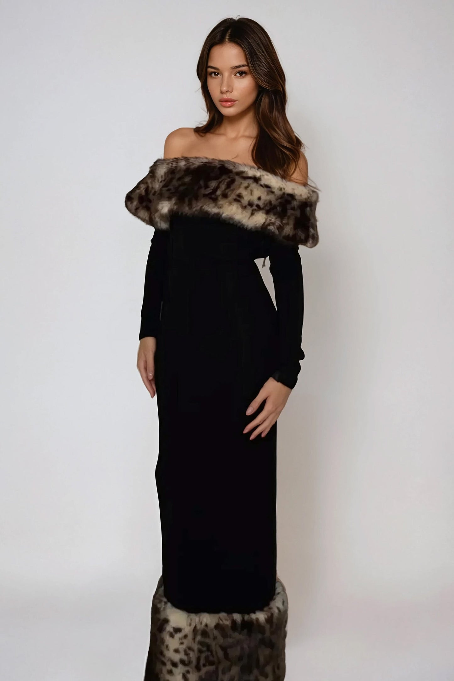 Off-Shoulder Maxi Dress with Leopard Patterned Fur Trim - Black