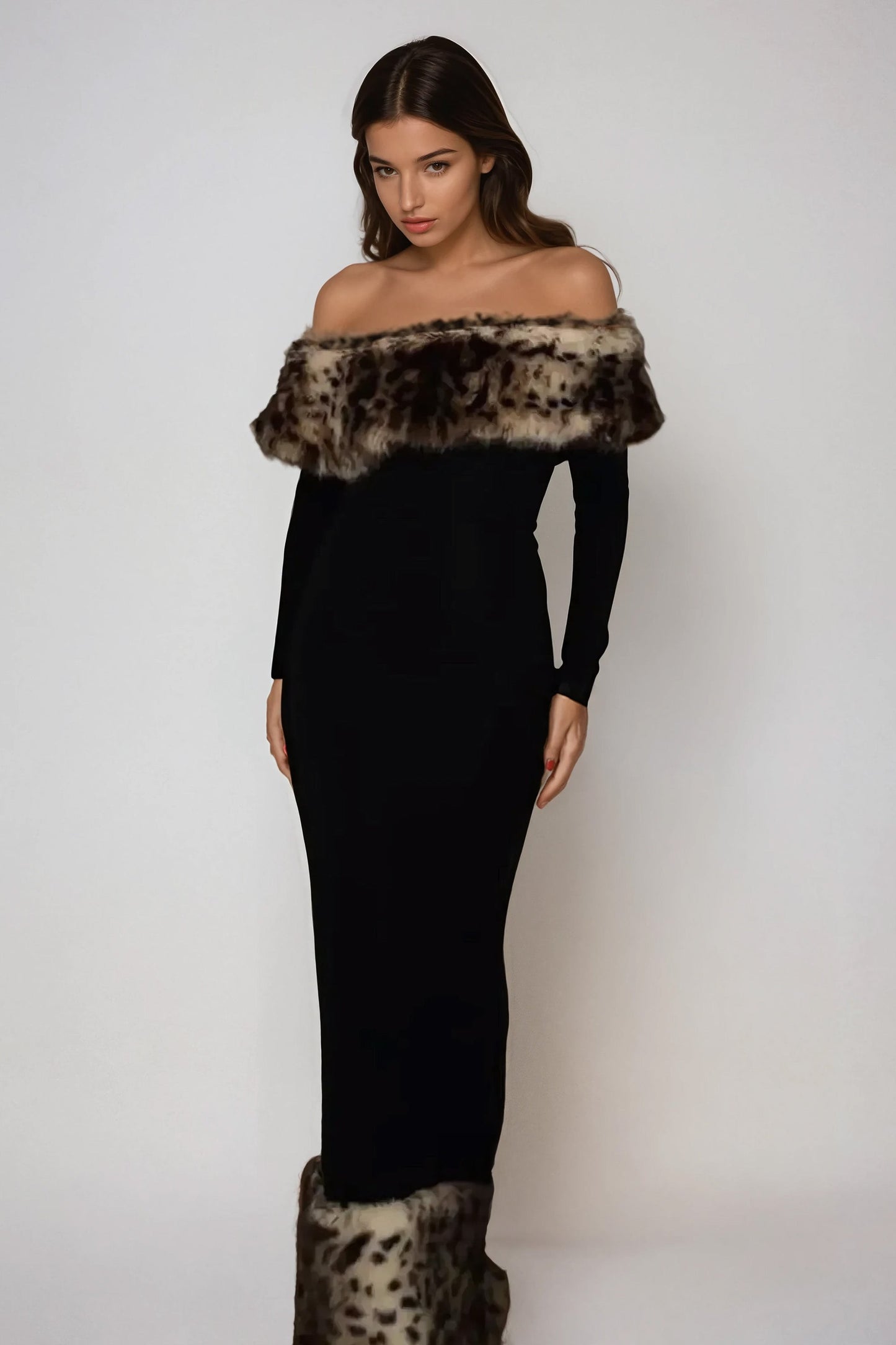 Off-Shoulder Maxi Dress with Leopard Patterned Fur Trim - Black