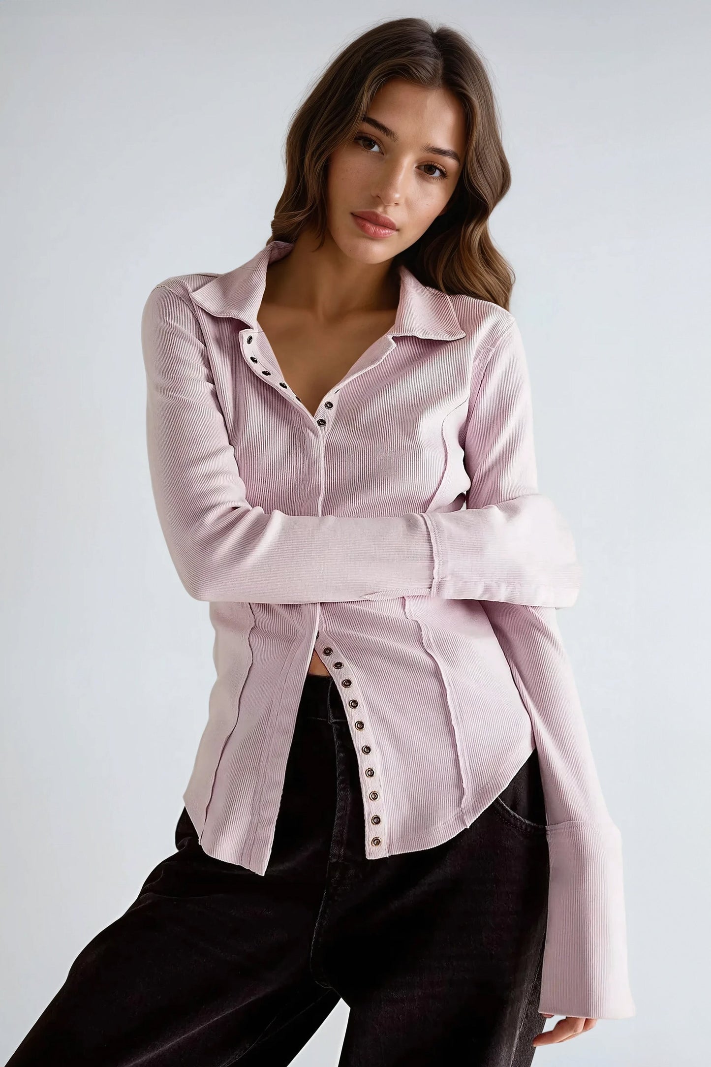 Button-Up Shirt with Collared Neckline and Flared Cuffs - Pink