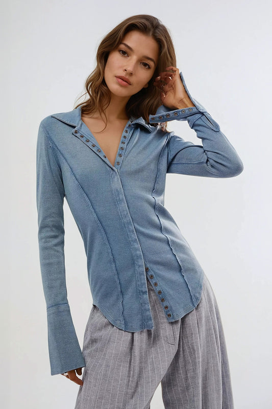 Button-Up Shirt with Collared Neckline and Flared Cuffs - Blue