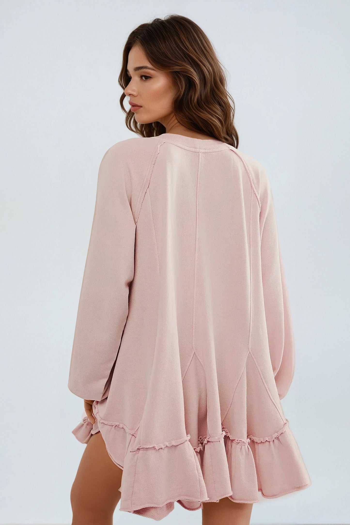 Long Sleeve Mini Dress with Layered Hem - Pink