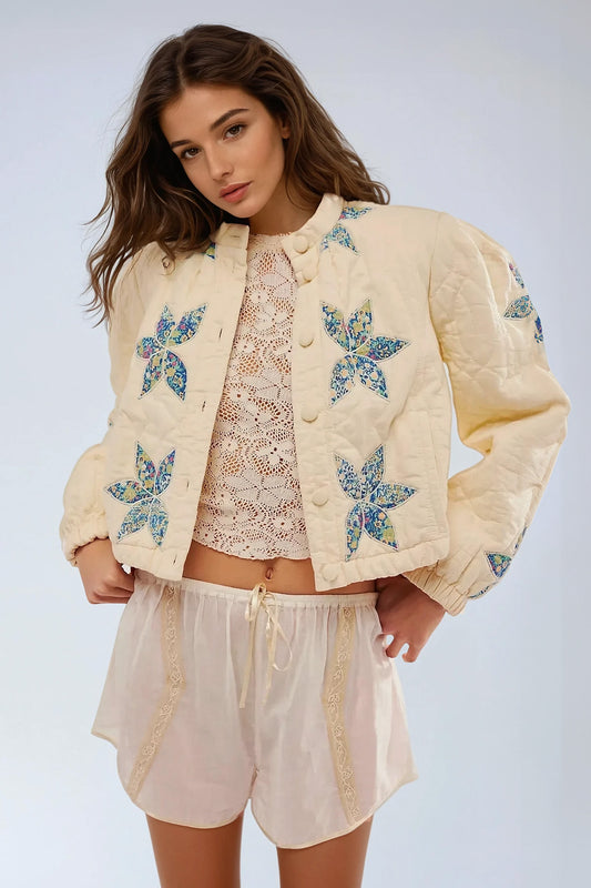 Quilted Jacket with Embroidered Floral Design - Yellow