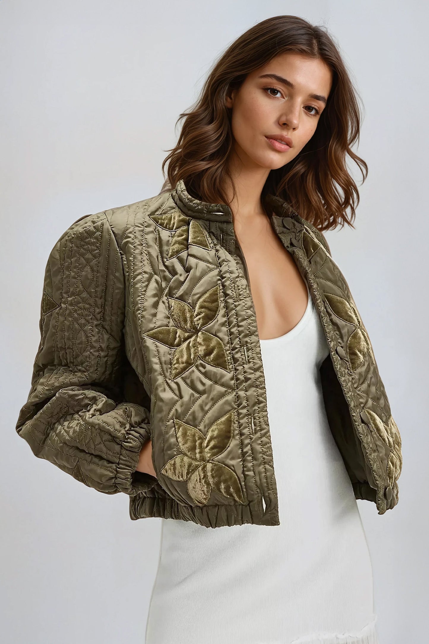 Quilted Jacket with Embroidered Floral Design - Green