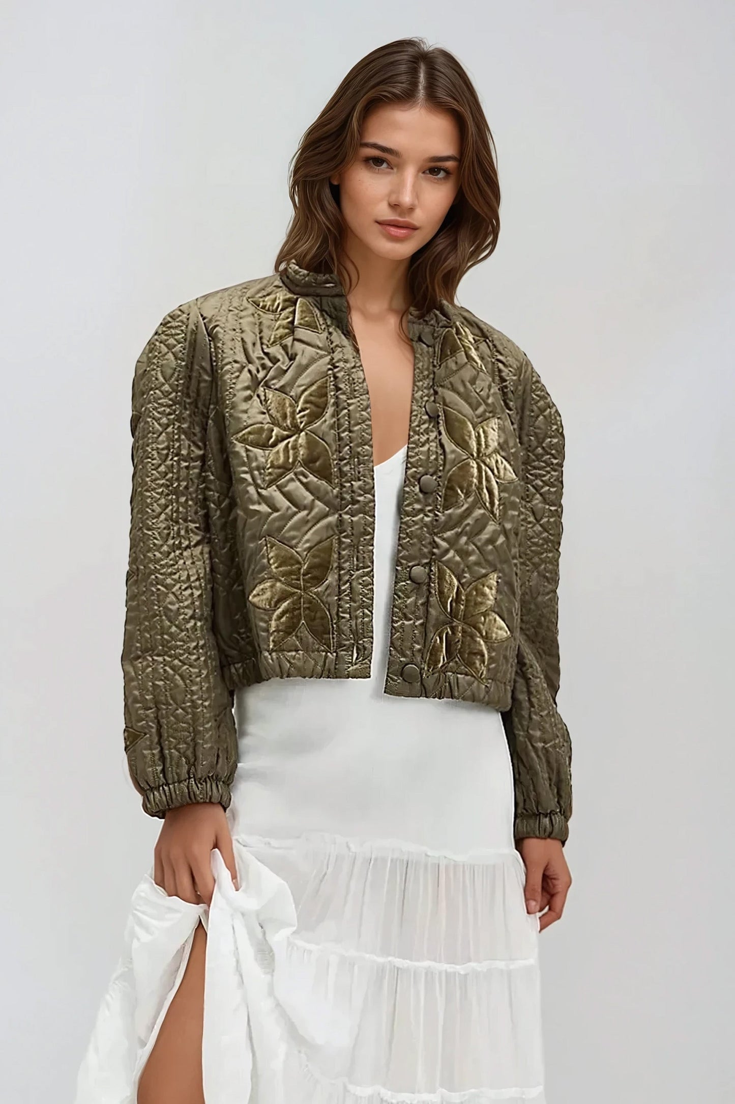 Quilted Jacket with Embroidered Floral Design - Green