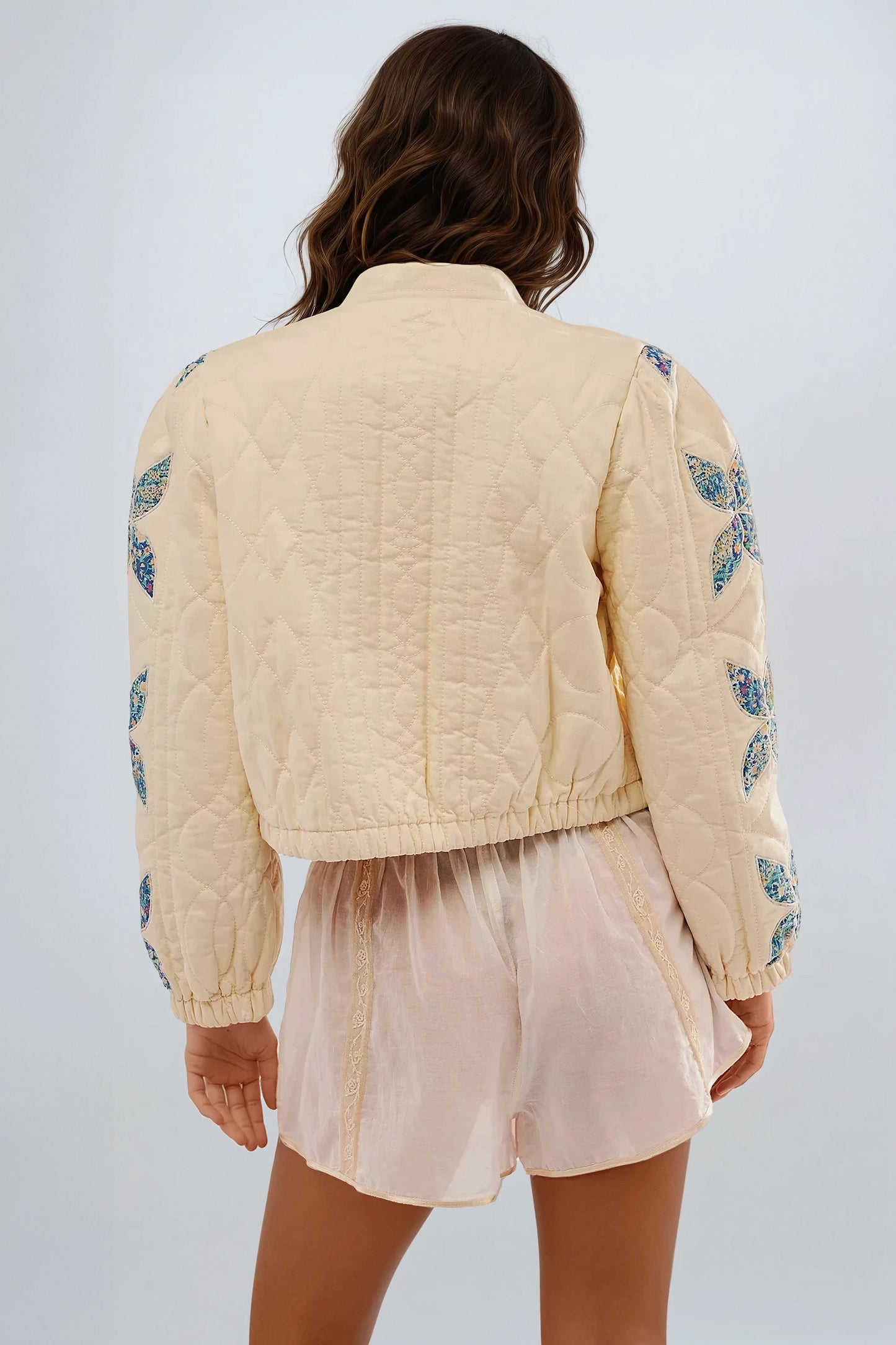 Quilted Jacket with Embroidered Floral Design - Yellow