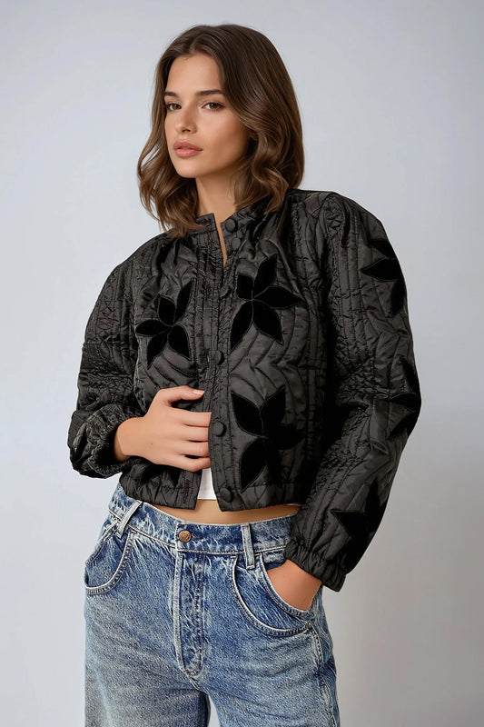 Quilted Jacket with Embroidered Floral Design - Black