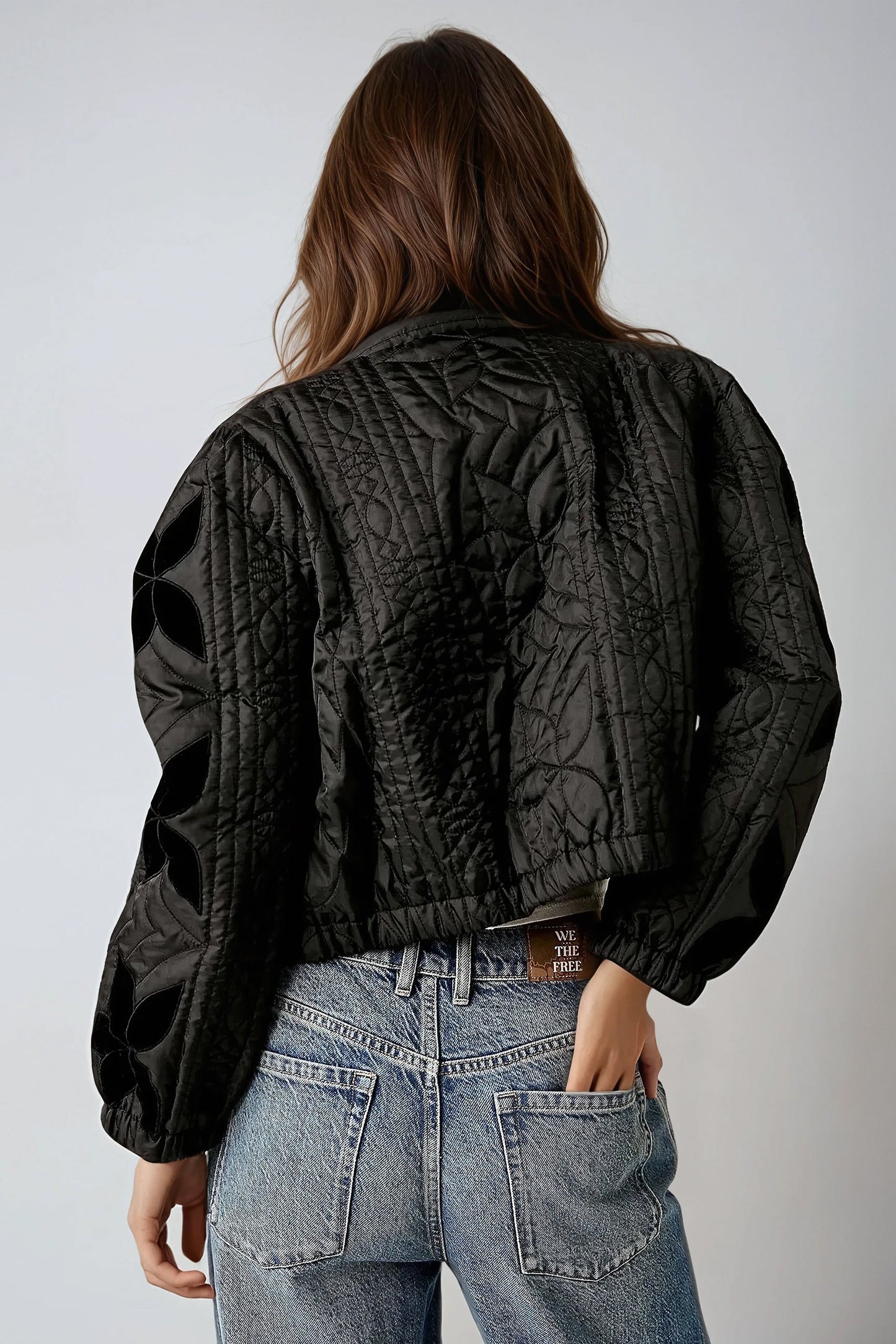 Quilted Jacket with Embroidered Floral Design - Black