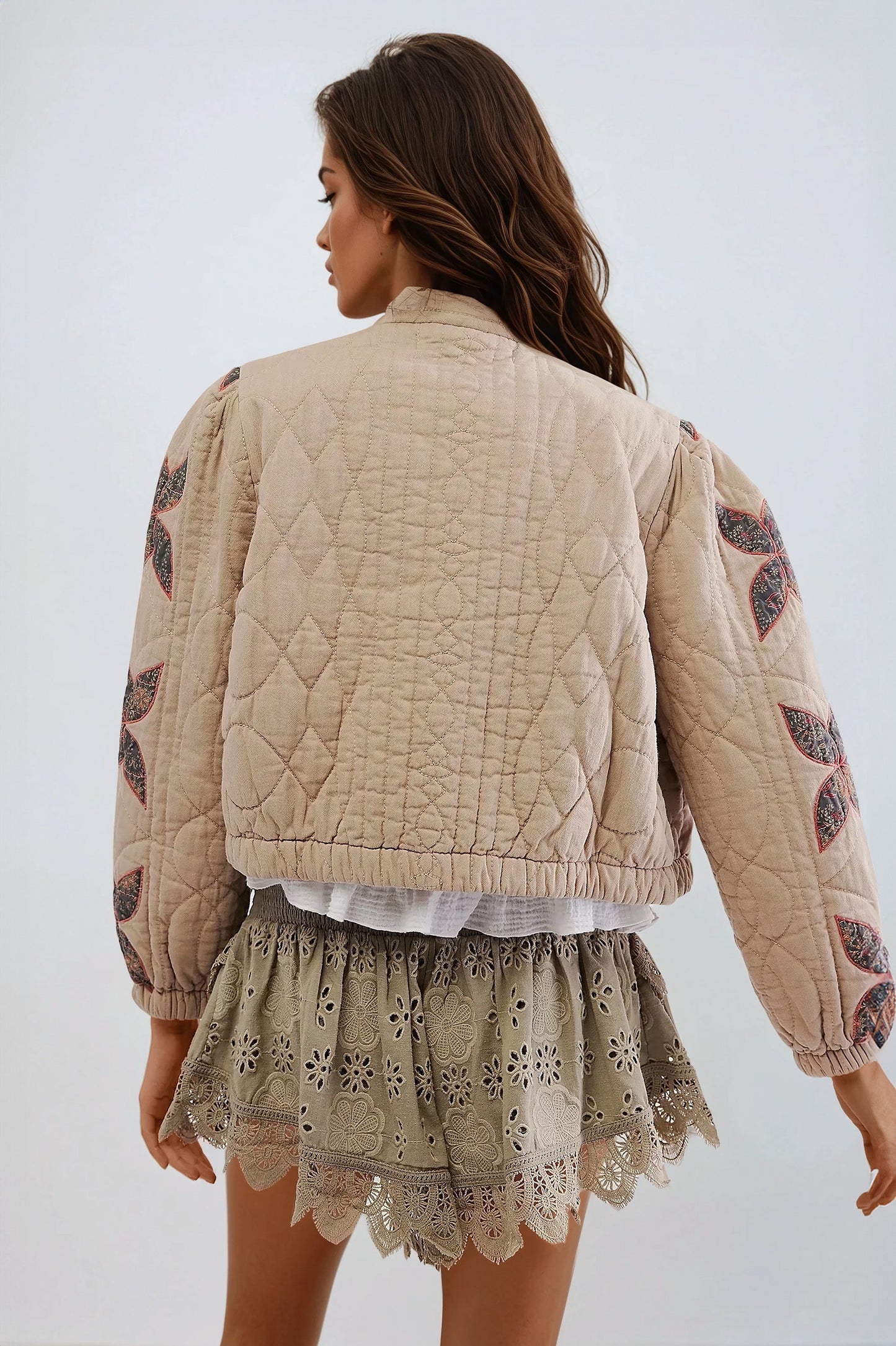 Quilted Jacket with Embroidered Floral Design - Khaki