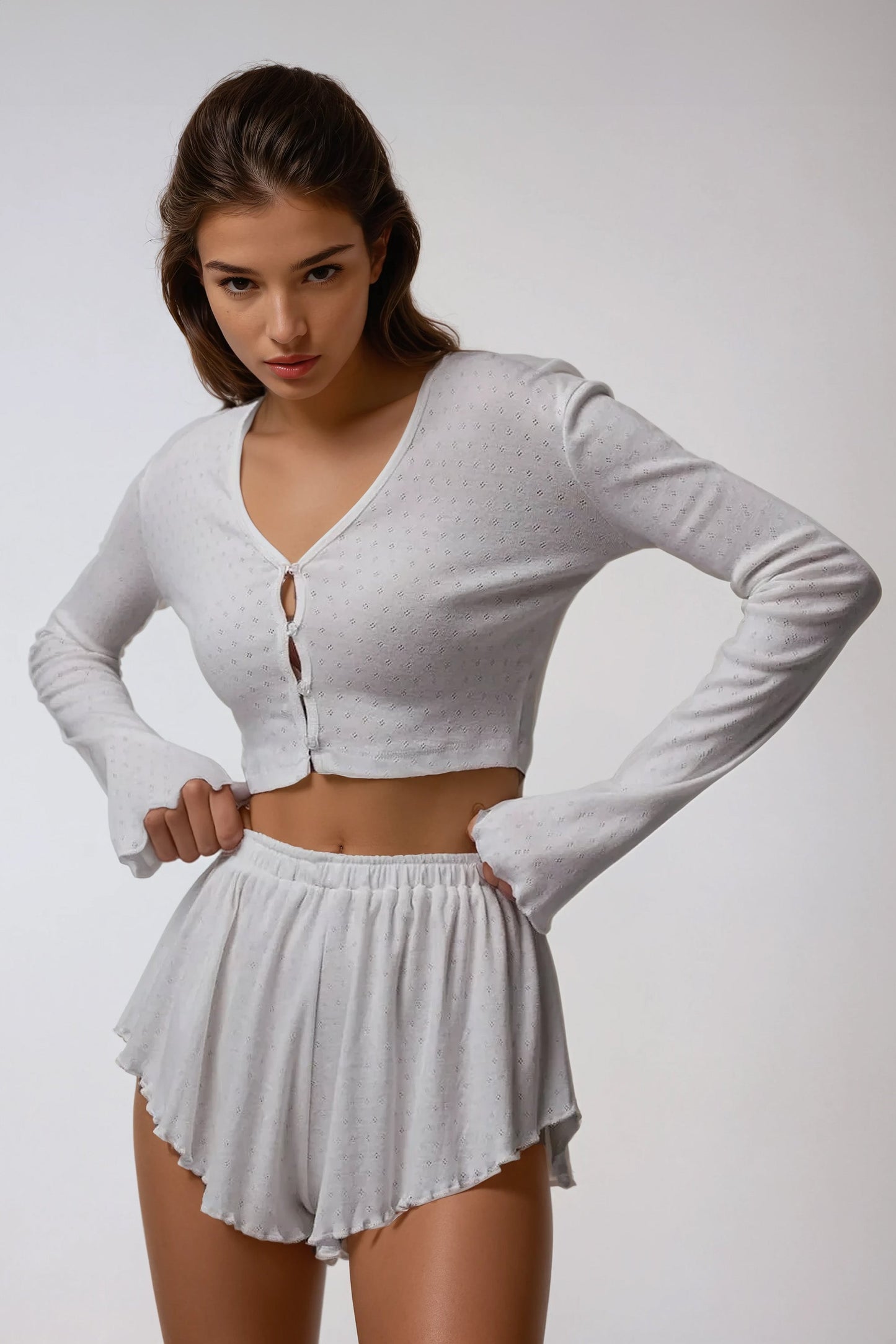 Two-Piece Set with Buttoned Crop Cardigan and Flared Hem Shorts - White