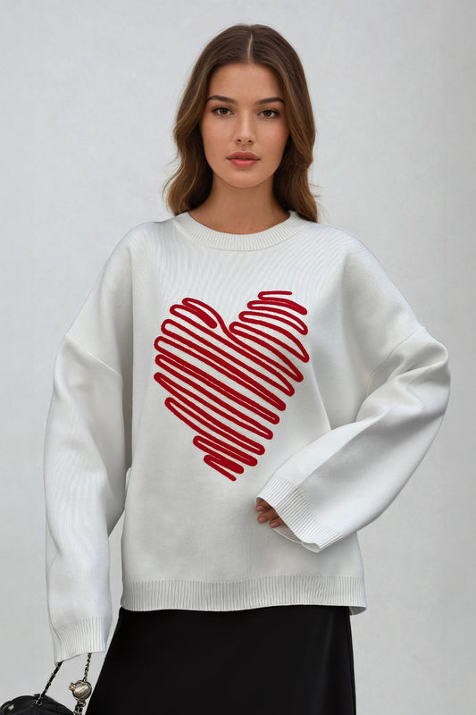 Oversized Heart Embroidery Sweater - White